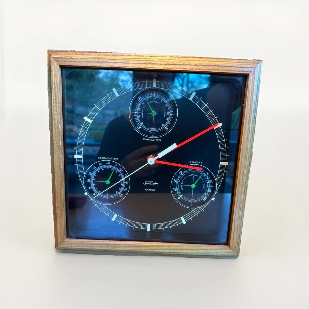 Vtg Sunbeam Weather Station Wall Clock Humidity Barometer Thermometer Wood Frame